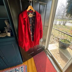 Elegant Red Fringe Leather Jacket